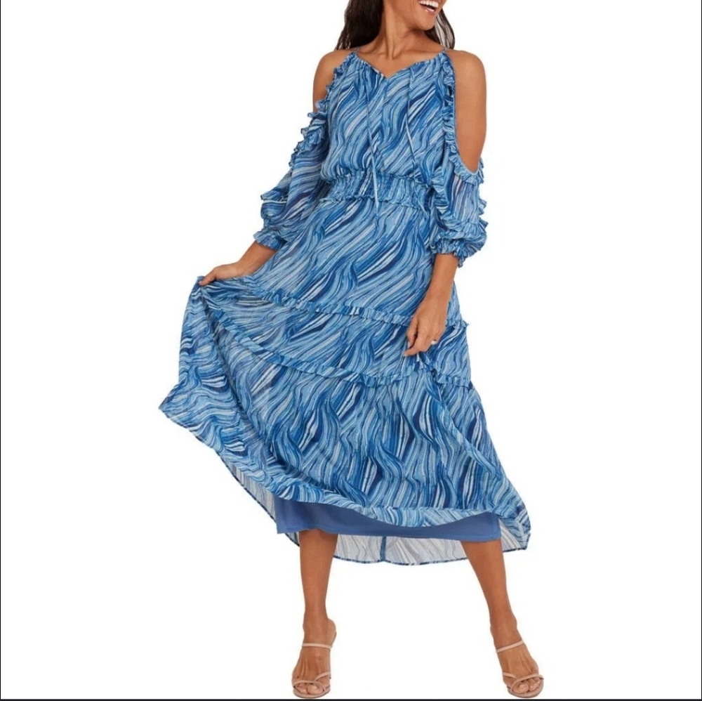 Mila Mae Blue Patterned‎ Cold Shoulder Women's Midi Dress Size Small